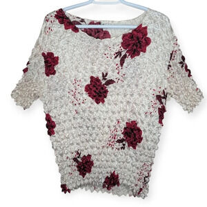 Vintage Y2K Popcorn Short Sleeve Top White with  Red Floral Pattern OS Large